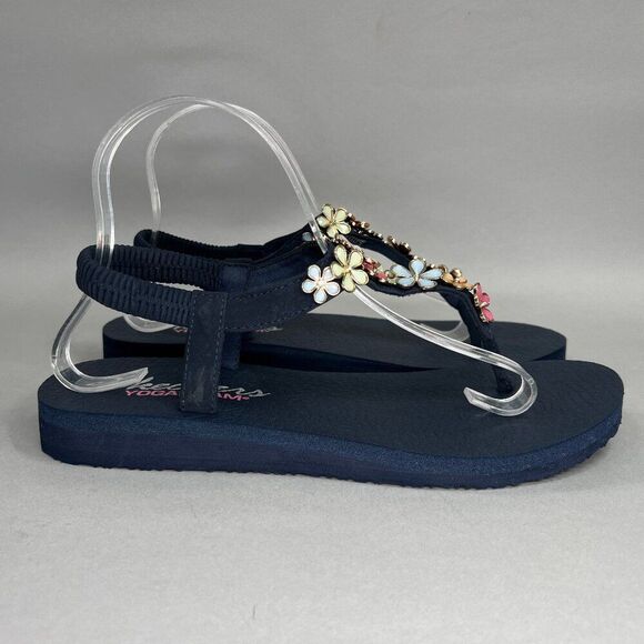 Skechers Cali Mediation Sandals Women's 9 Blue Happy Daisies Toe Post Flip Flops - Picture 1 of 13